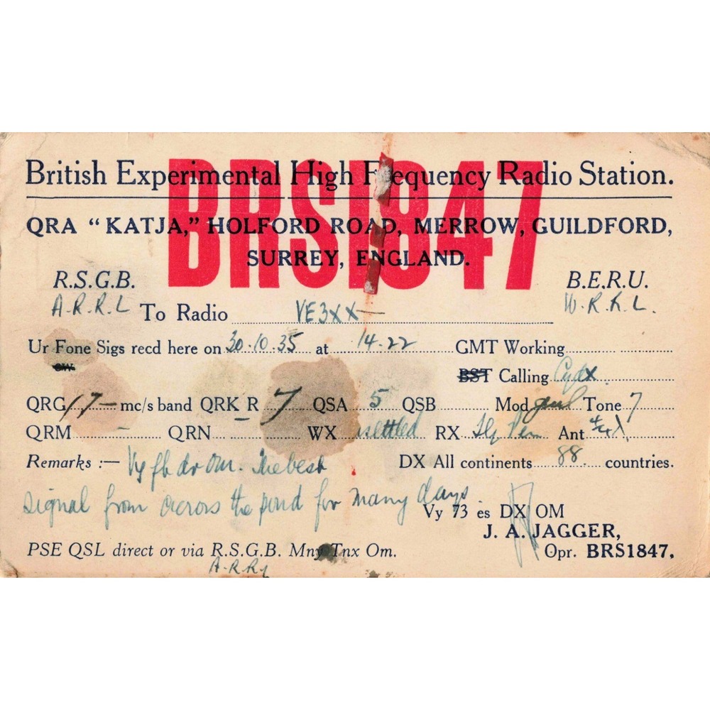 Vintage 1935 BRS1847 Surrey England QSL Card Ham Radio VE3XX Canada Stamp